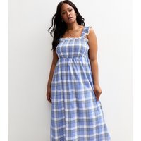 New Look Women's Plus Size Blue Check Shirred Frill Sleeve Midi Dress Curves New Look - 3
