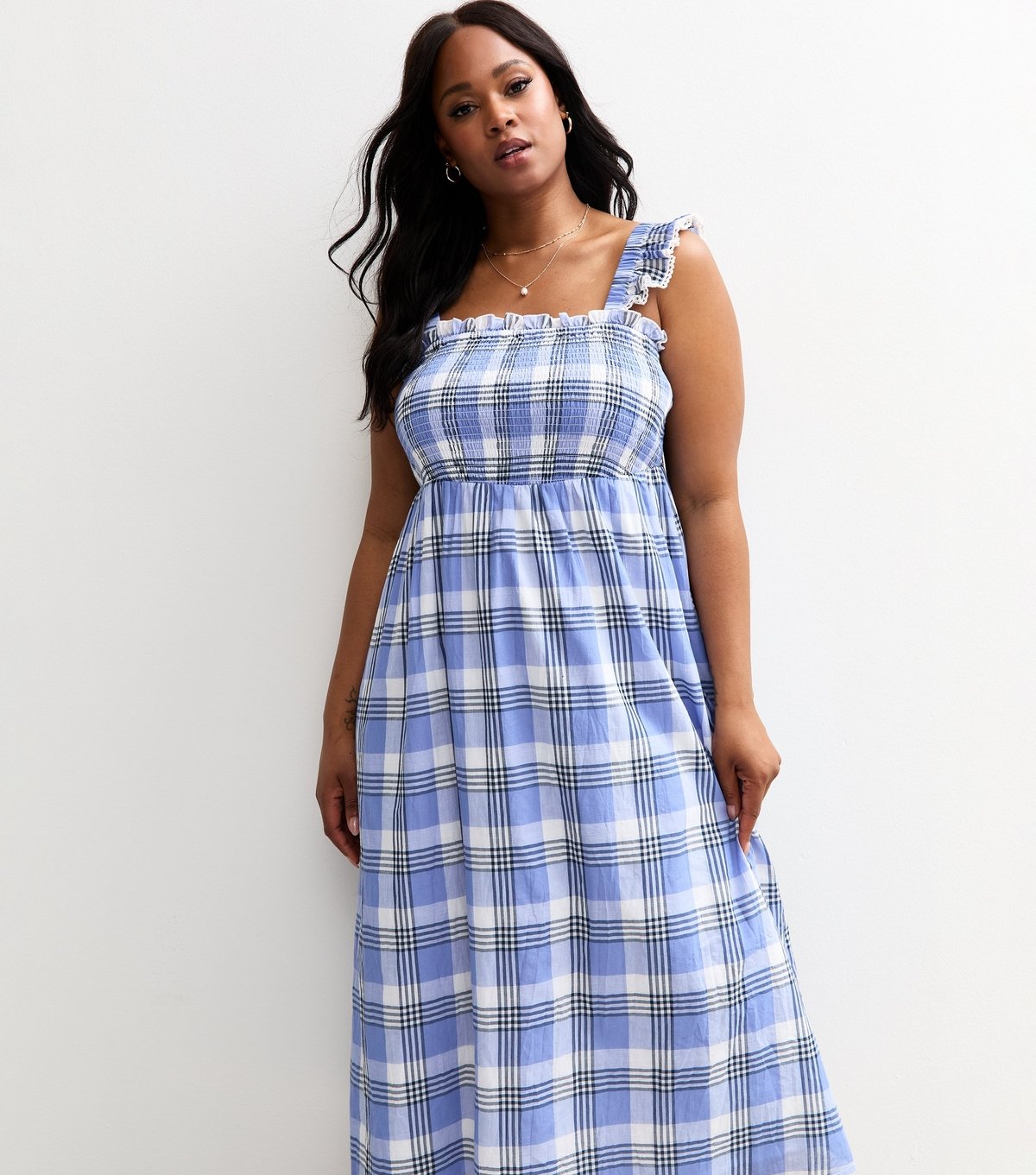 New Look Women's Plus Size Blue Check Shirred Frill Sleeve Midi Dress Curves New Look - 4