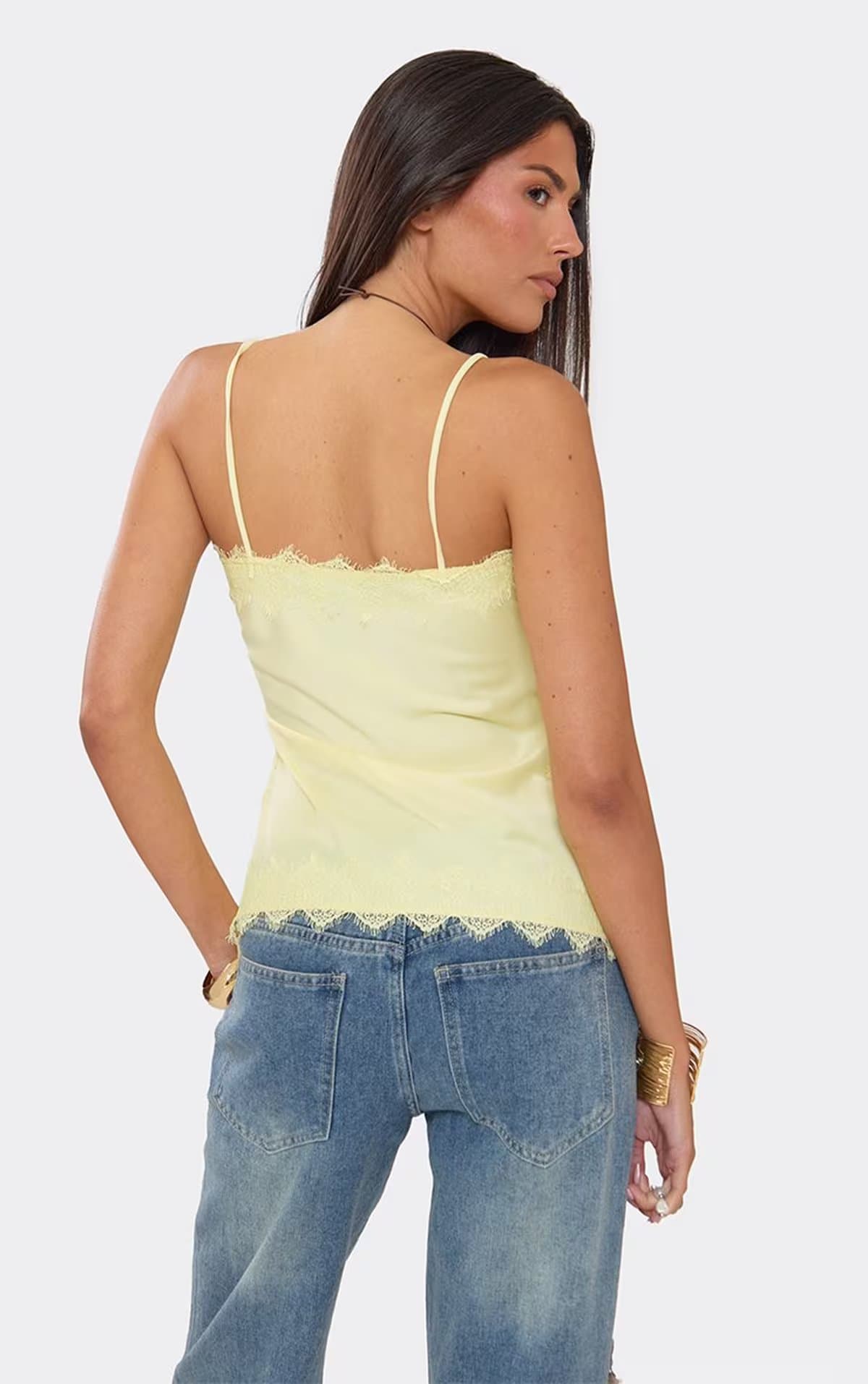 EGO EGO Yellow Satin Square Neck Contrast Lace Cami Top, Women's