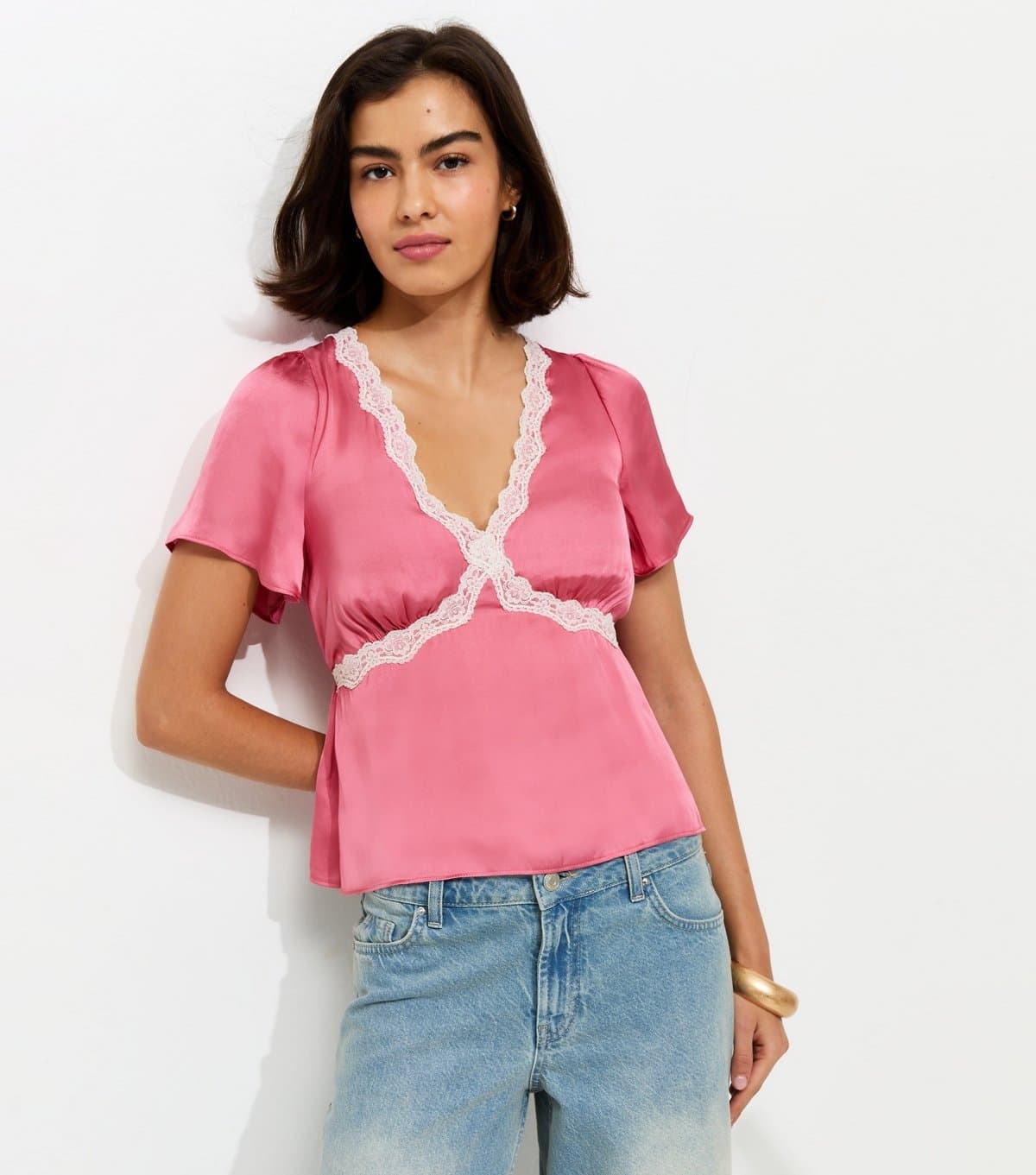 New Look New Look Pink Lace Trim Flutter Sleeve Satin Top