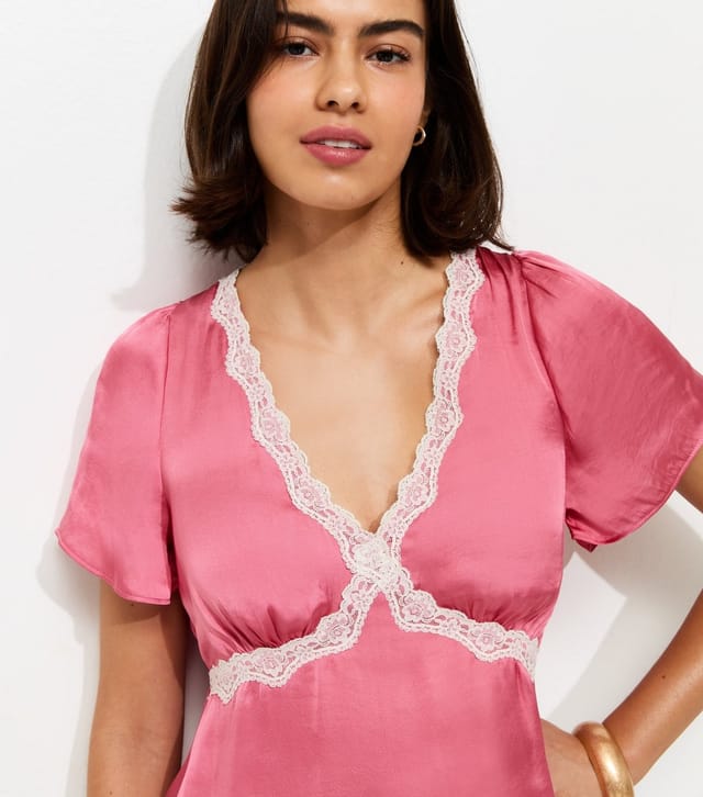 New Look Women's Pink Lace Trim Flutter Sleeve Satin Tea Top New Look - 2