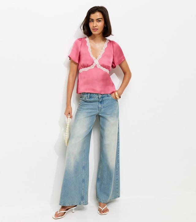 New Look Women's Pink Lace Trim Flutter Sleeve Satin Tea Top New Look - 3
