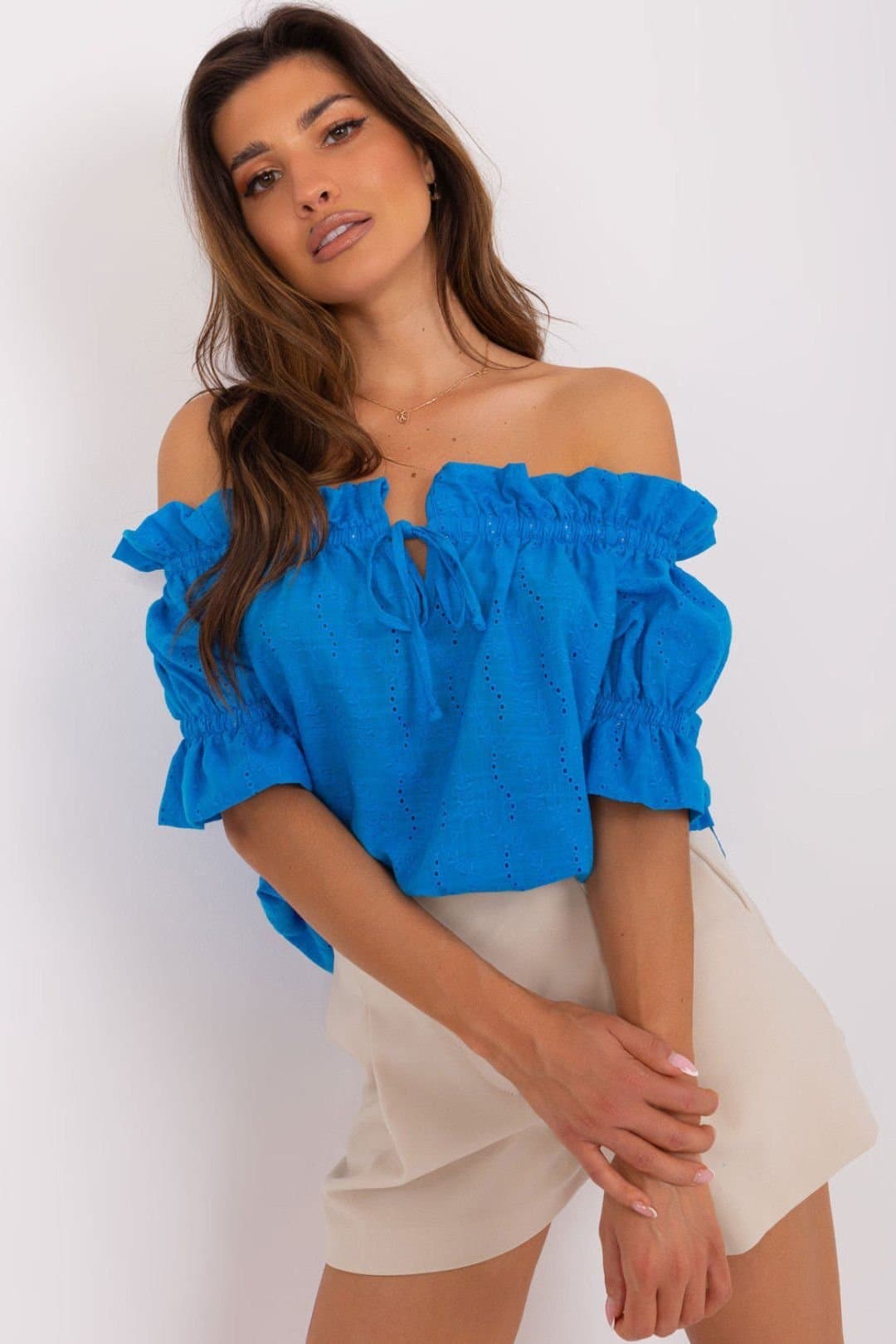 Love Lace Love Lace Women's Spanish Neck Short Sleeve Openwork Blouse in Blue