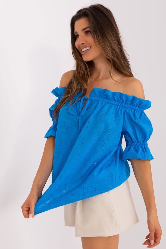 Love Lace Love Lace Women's Spanish Neck Short Sleeve Openwork Blouse in Blue - 2