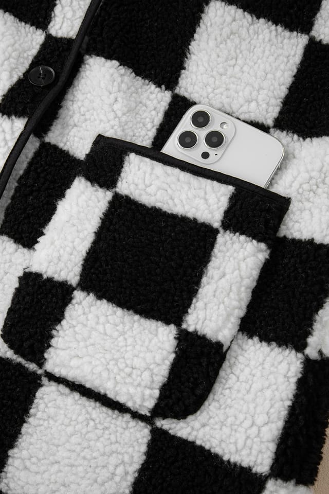 Everyday The Label Everyday The Label Women's Black Checkered Side Pockets Collared Buttoned Fleece Jacket - 2