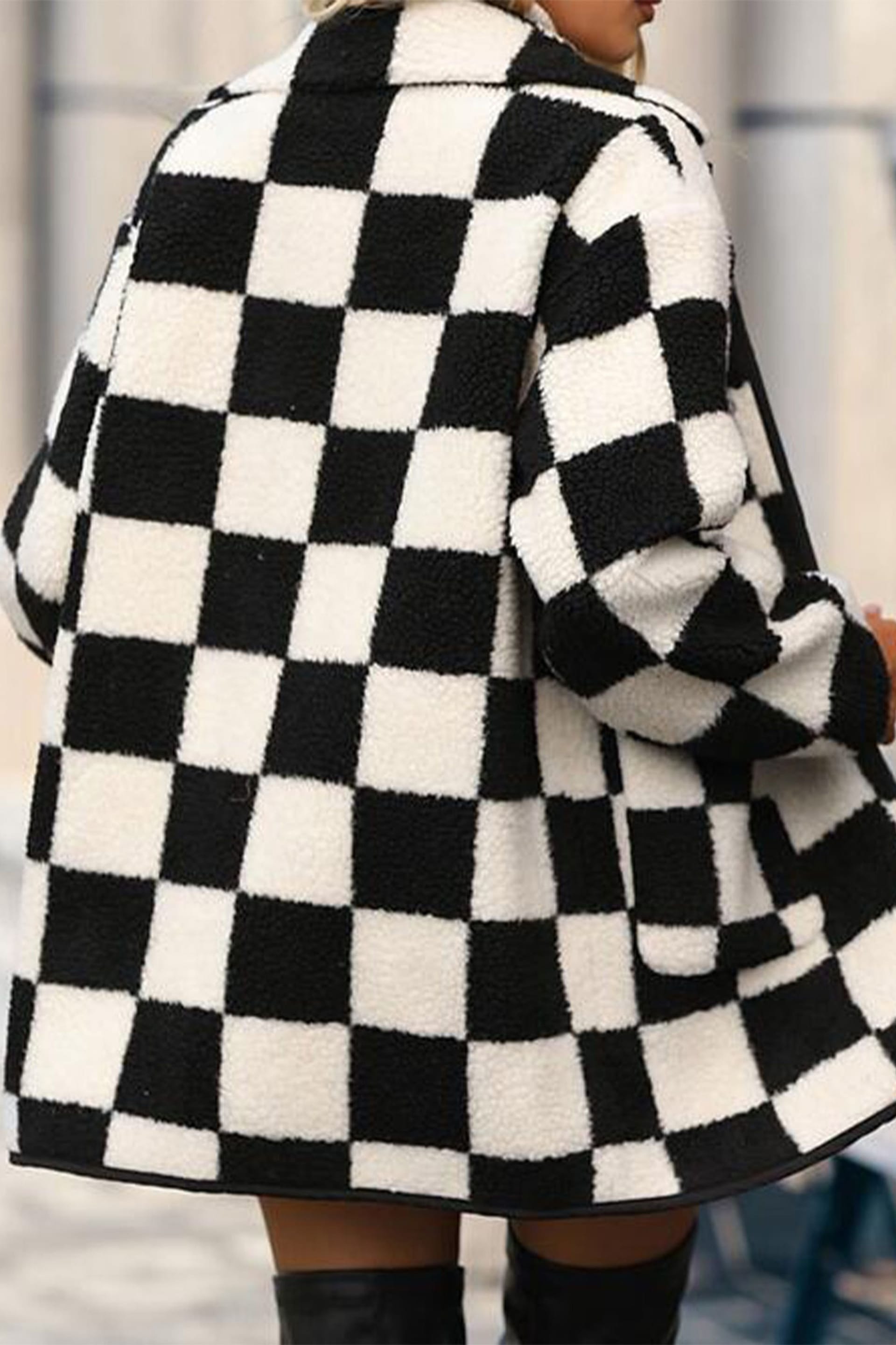 Everyday The Label Everyday The Label Women's Black Checkered Side Pockets Collared Buttoned Fleece Jacket - 4