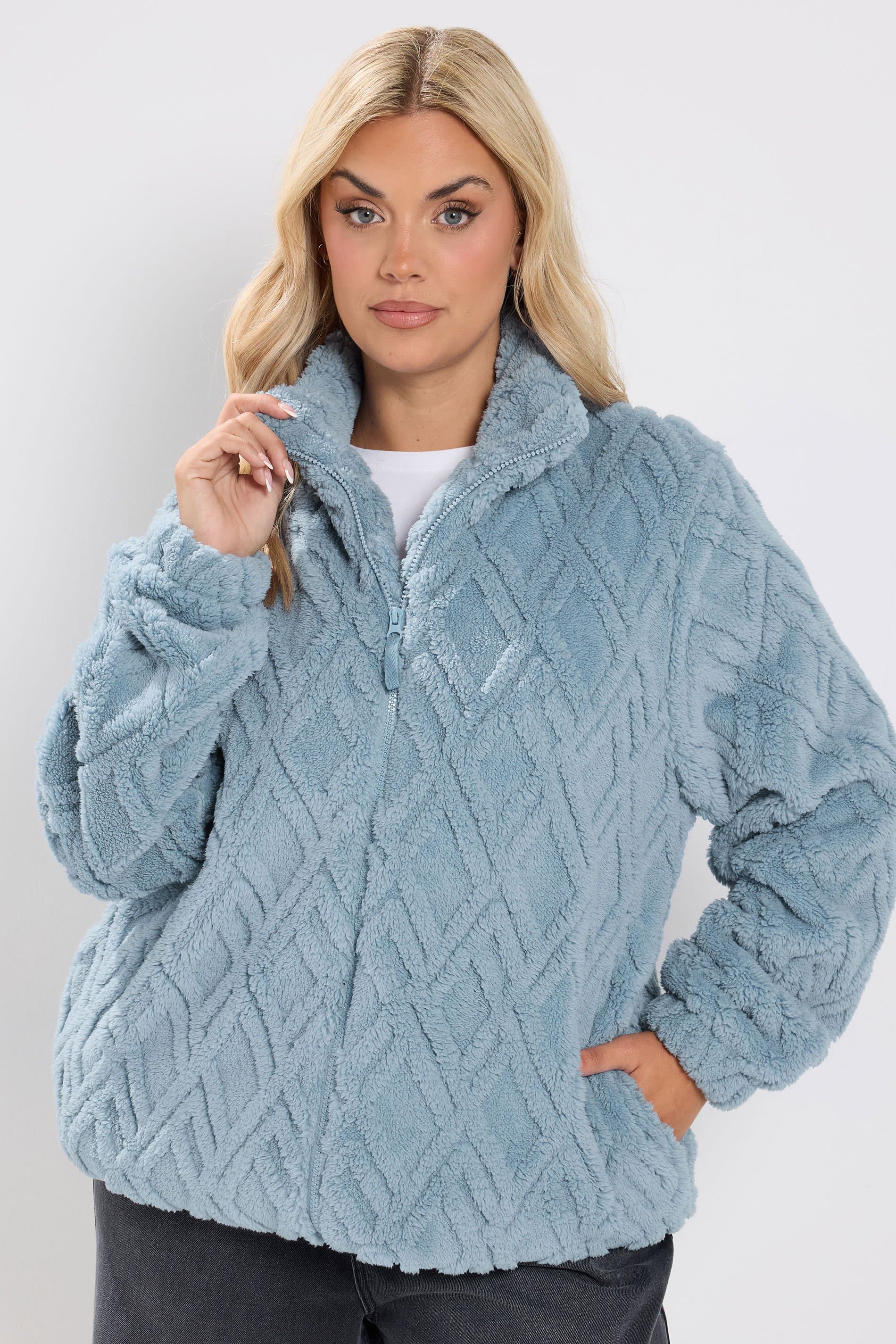 Yours Plus Size Blue Textured Fleece Jacket