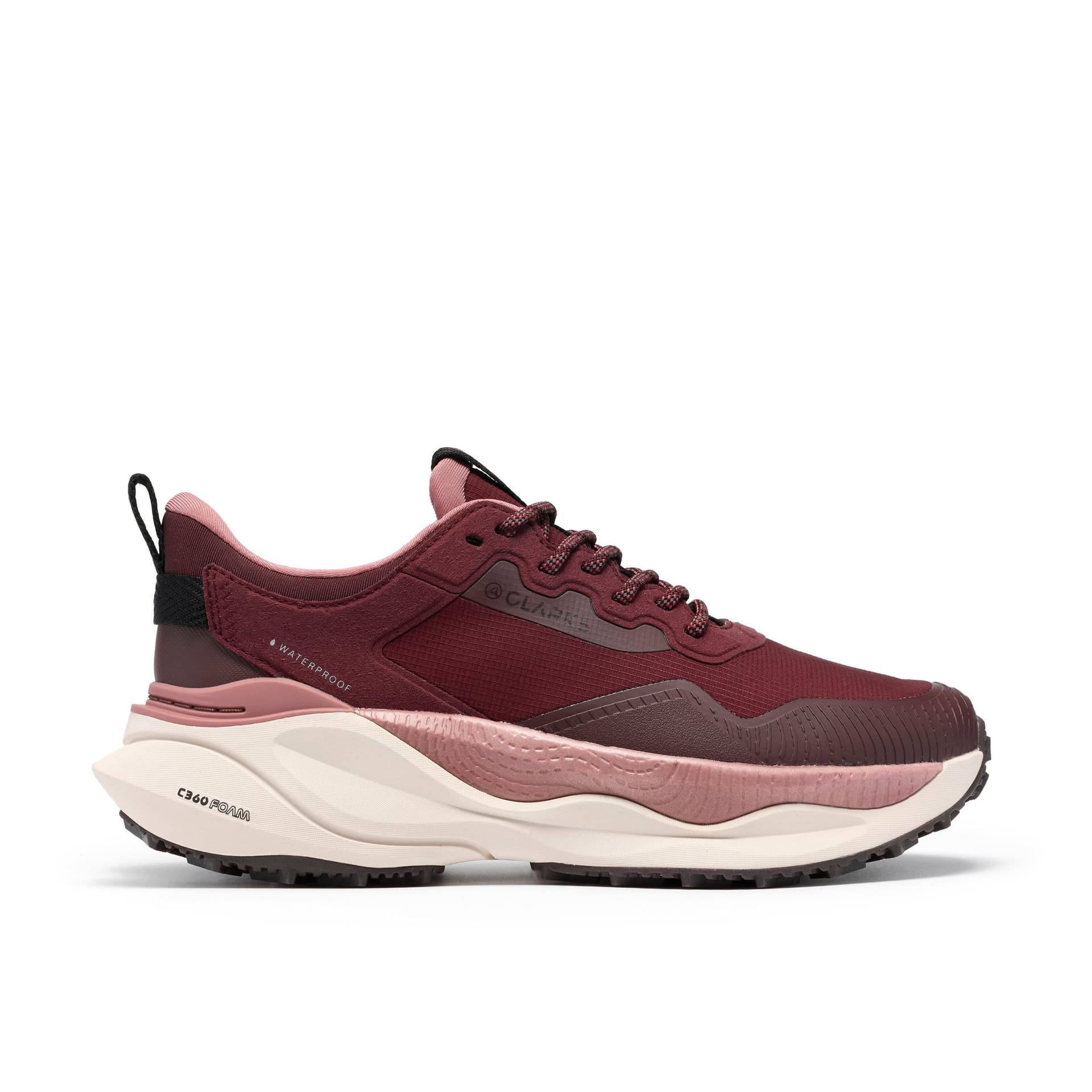 Clarks Clarks Women's Pace Trail Go Waterproof Burgundy Trainers, Lace Up in Red