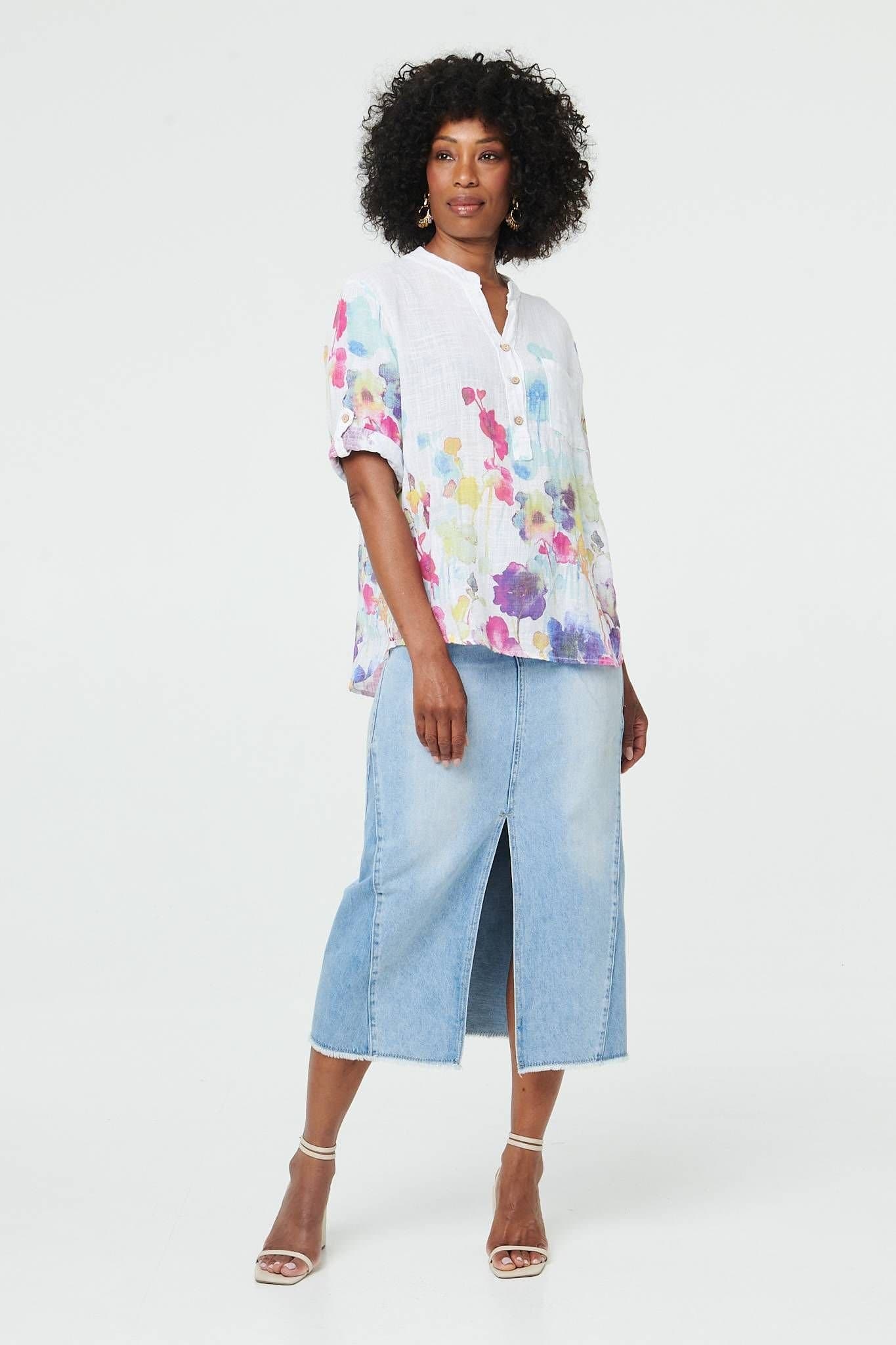 Izabel London Izabel London Women's Floral Turn-Up Sleeve Curve Hem Blouse in White