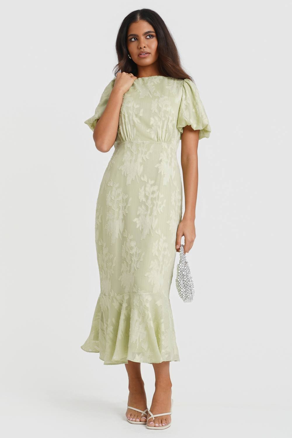 Needs No Label Needs No Label Women's Mint Jacquard Puff Sleeve Midi Dress in Green - 4