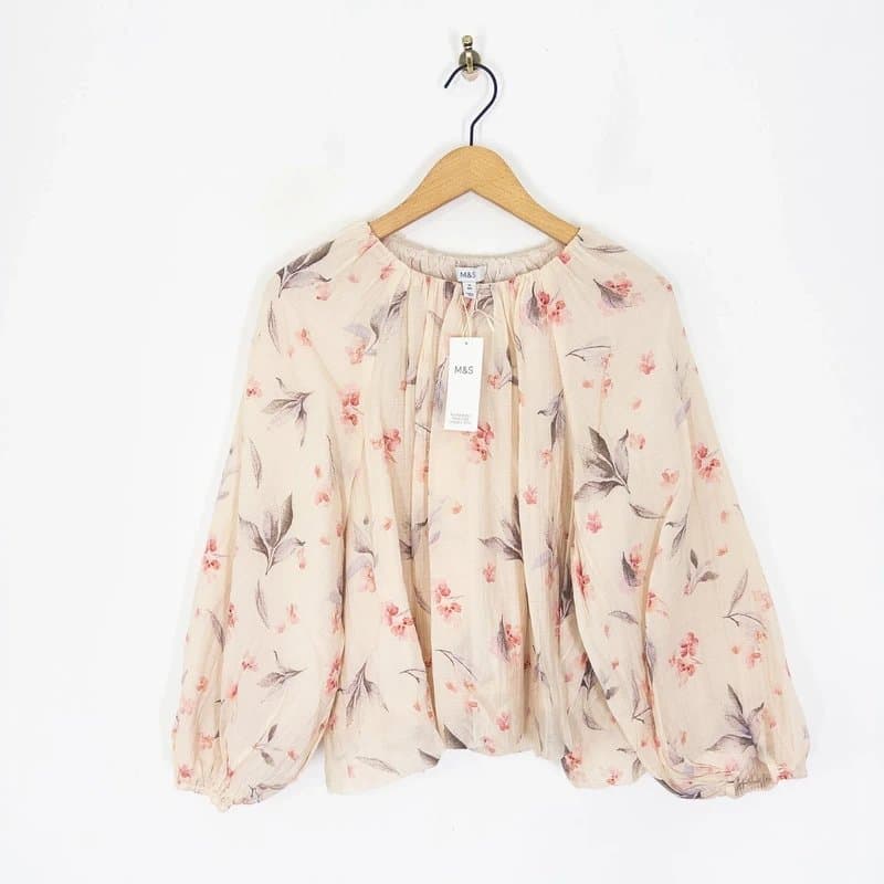 Marks & Spencer M&S Floral Bubble Hem Blouse Size 16 NEW Cream Floral Floaty Balloon Sleeve