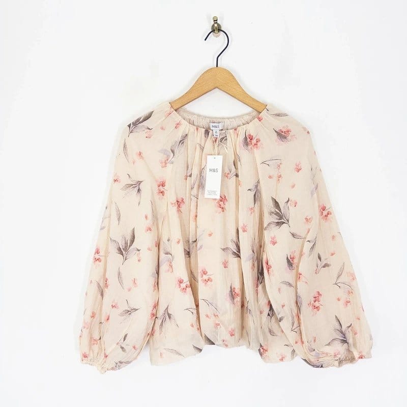 Marks & Spencer M&S Floral Bubble Hem Blouse Size 16 NEW Cream Floral Floaty Balloon Sleeve - 1