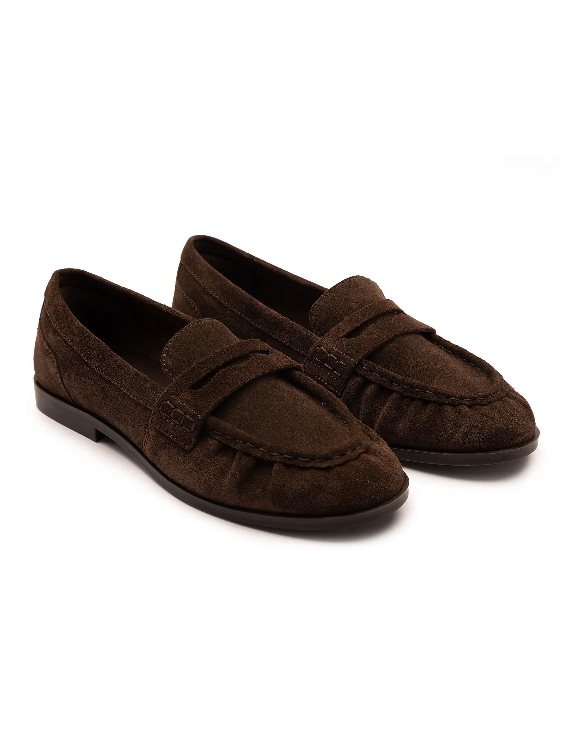 ASOS Off The Hook Sienna suede leather ruched loafers in brown - 1