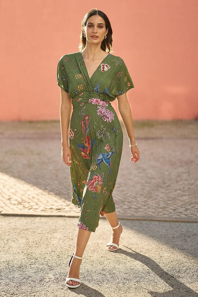 Yumi Yumi Women's Green Bird & Floral Print Ruched Waist Kimono Midi Dress - 2