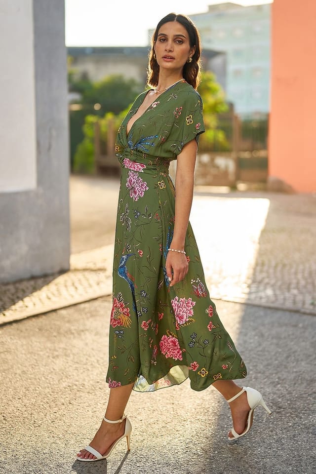 Yumi Yumi Women's Green Bird & Floral Print Ruched Waist Kimono Midi Dress - 3