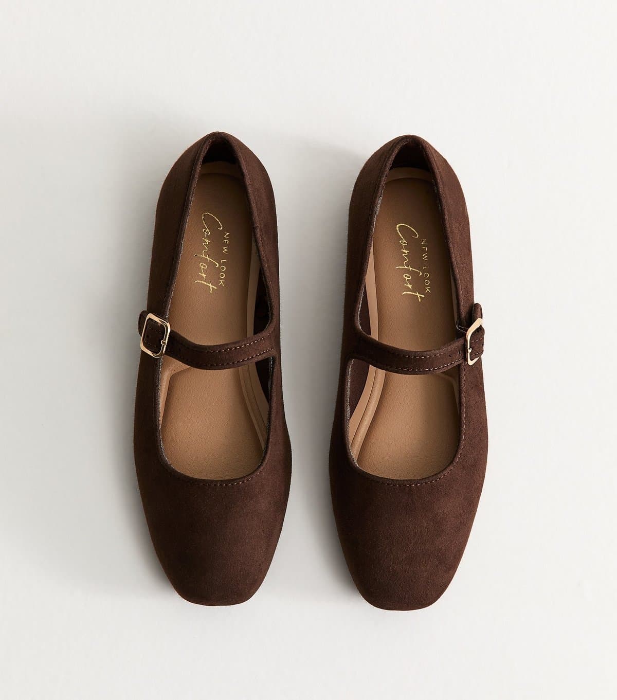 New Look Women's Dark Brown Faux Suede Mary Jane Ballet Flats Vegan New Look
