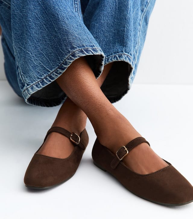 New Look Women's Dark Brown Faux Suede Mary Jane Ballet Flats Vegan New Look - 2