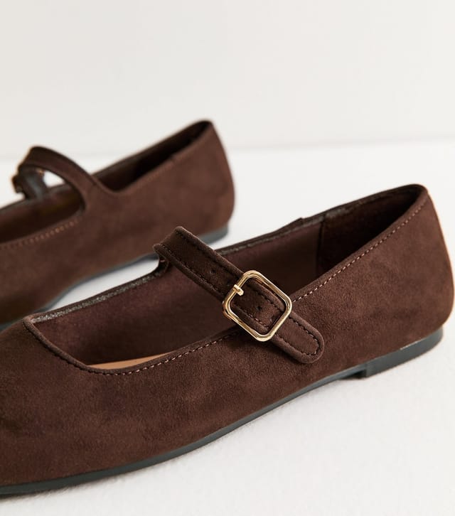 New Look Women's Dark Brown Faux Suede Mary Jane Ballet Flats Vegan New Look - 3