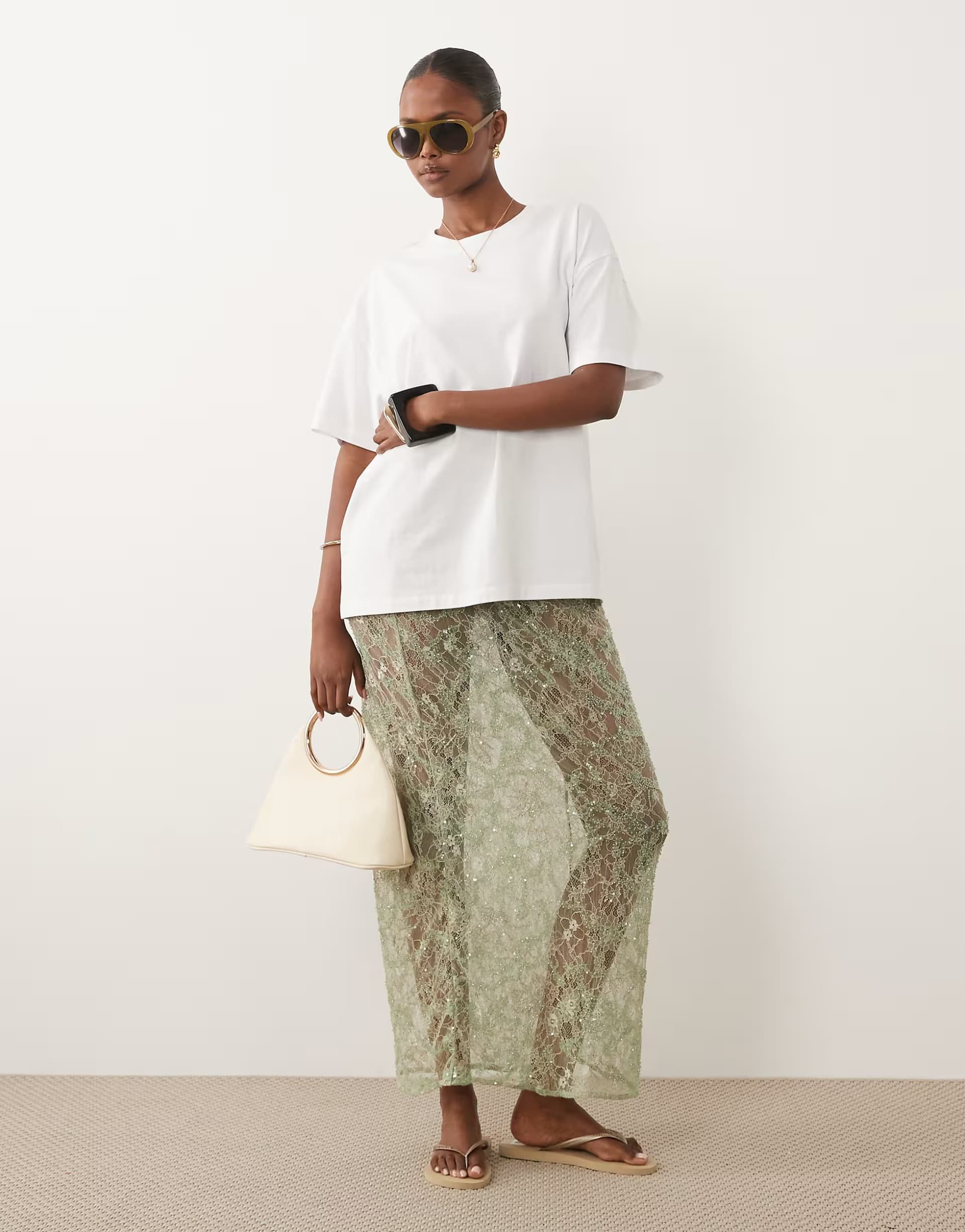 ASOS ASOS DESIGN delicate lace sheer sequin maxi skirt in green