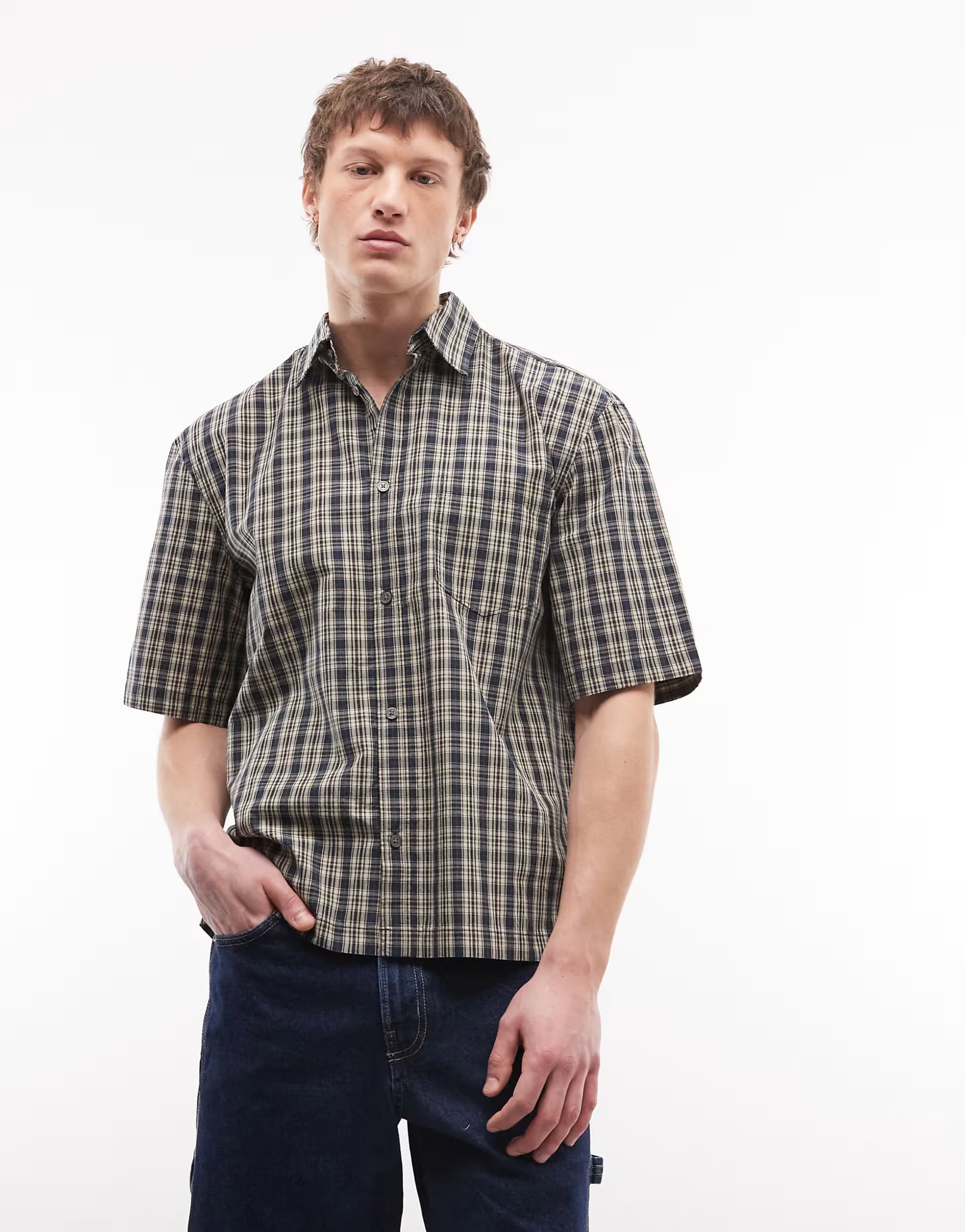 ASOS Weekday boxy oversized short sleeve shirt in navy and yellow check