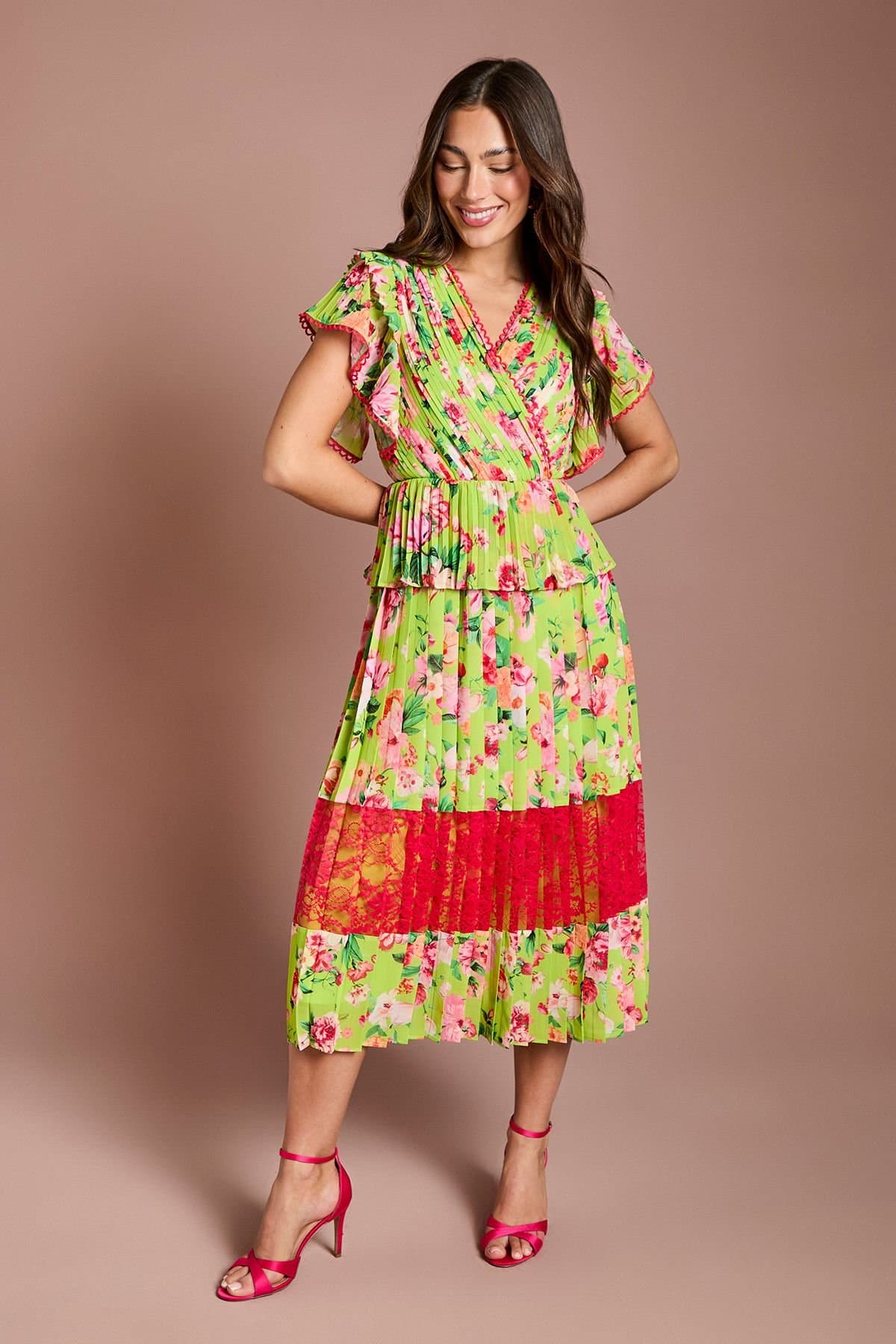Coast Coast Women's Lace Insert Printed Wrap Midi Dress in Green
