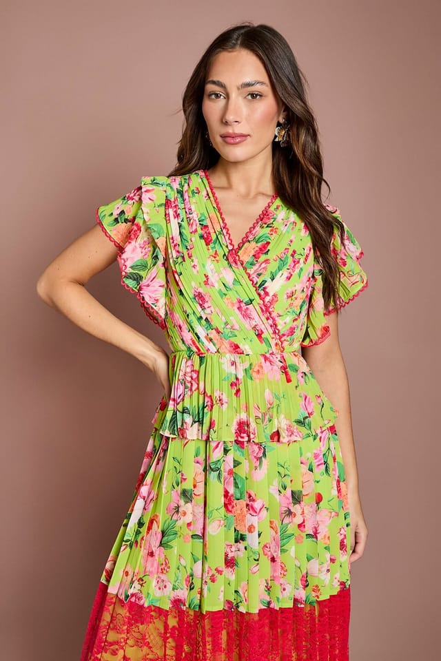 Coast Coast Women's Lace Insert Printed Wrap Midi Dress in Green - 2