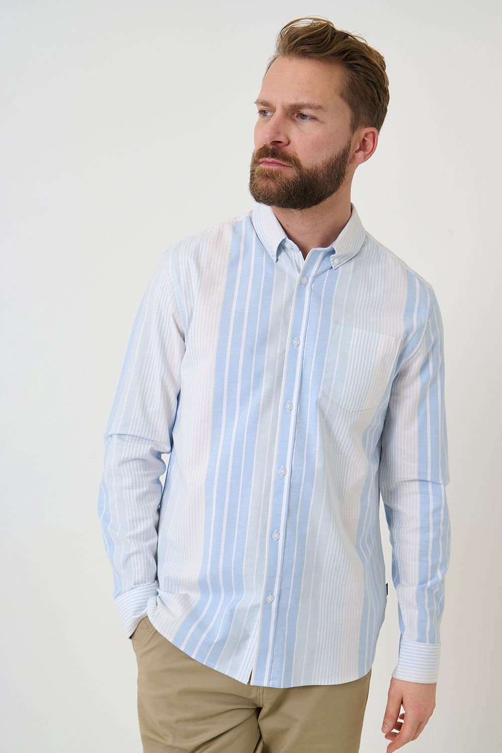 Saltwell Saltwell Men's Stripe Long Sleeve Oxford Shirt in Light Blue