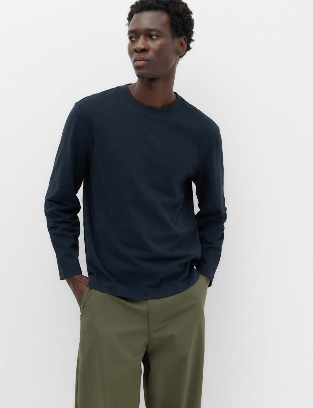 Marks & Spencer M&S Pure Cotton Soft Touch Long Sleeve T-Shirt Navy - 1