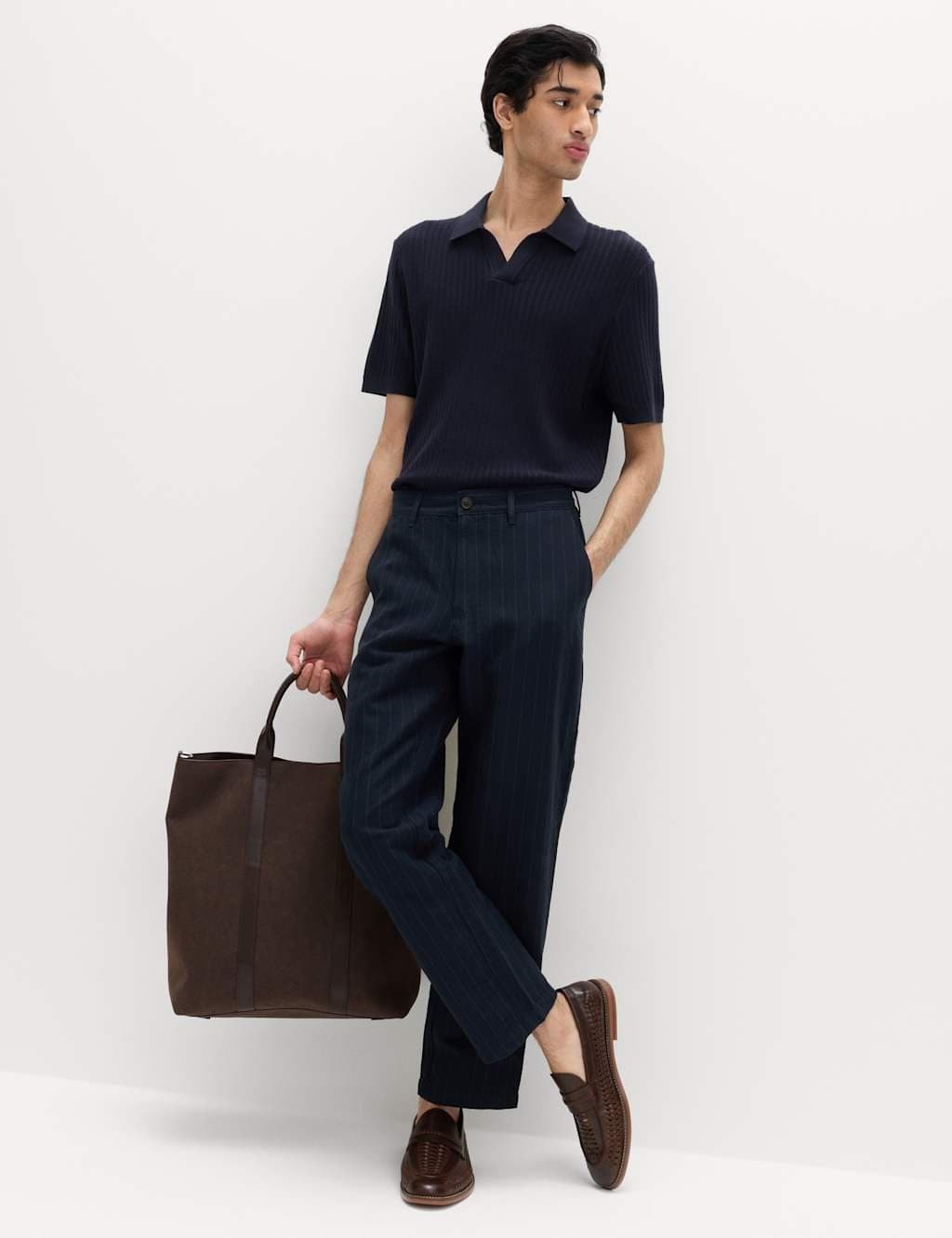Marks & Spencer M&S Regular Fit Linen Blend Chinos Navy/Grey