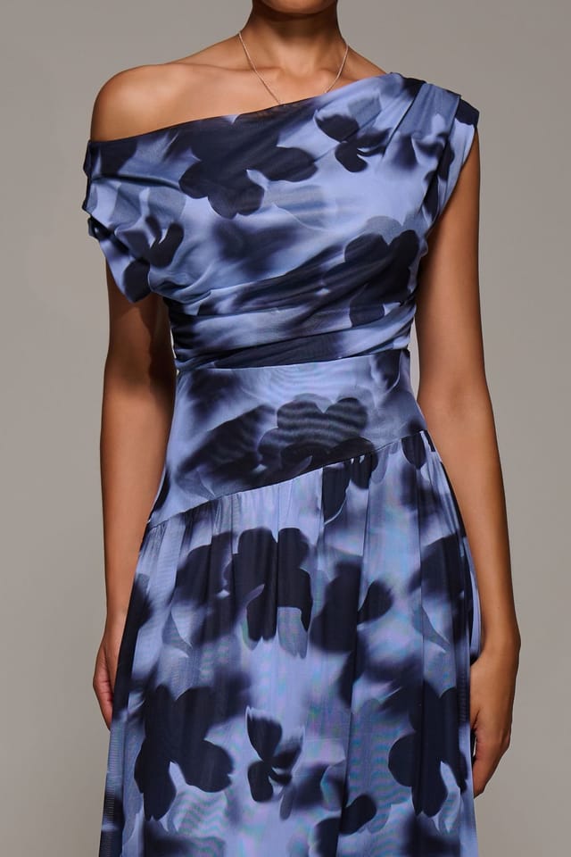 Jolie Moi Jolie Moi Women's Asymmetric Draped Mesh Maxi Dress in Blue - 3