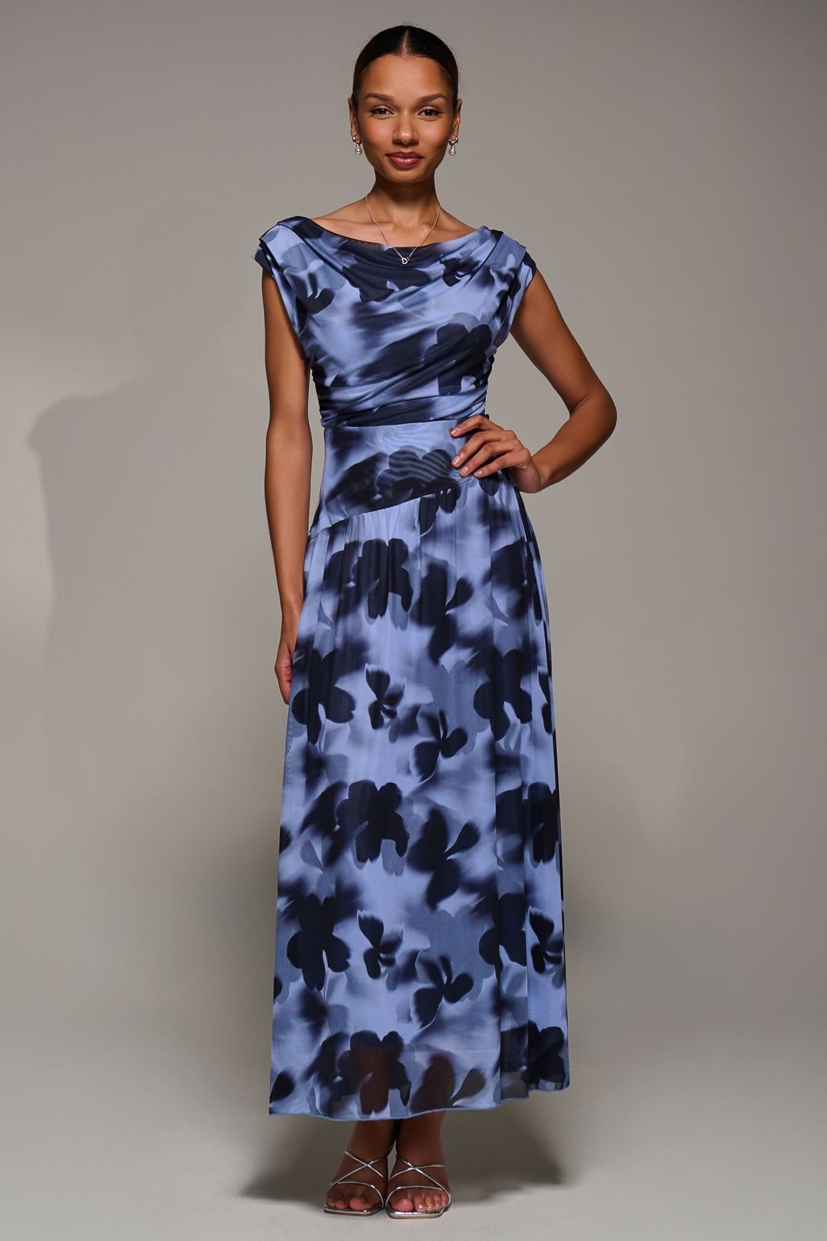 Jolie Moi Jolie Moi Women's Asymmetric Draped Mesh Maxi Dress in Blue - 4