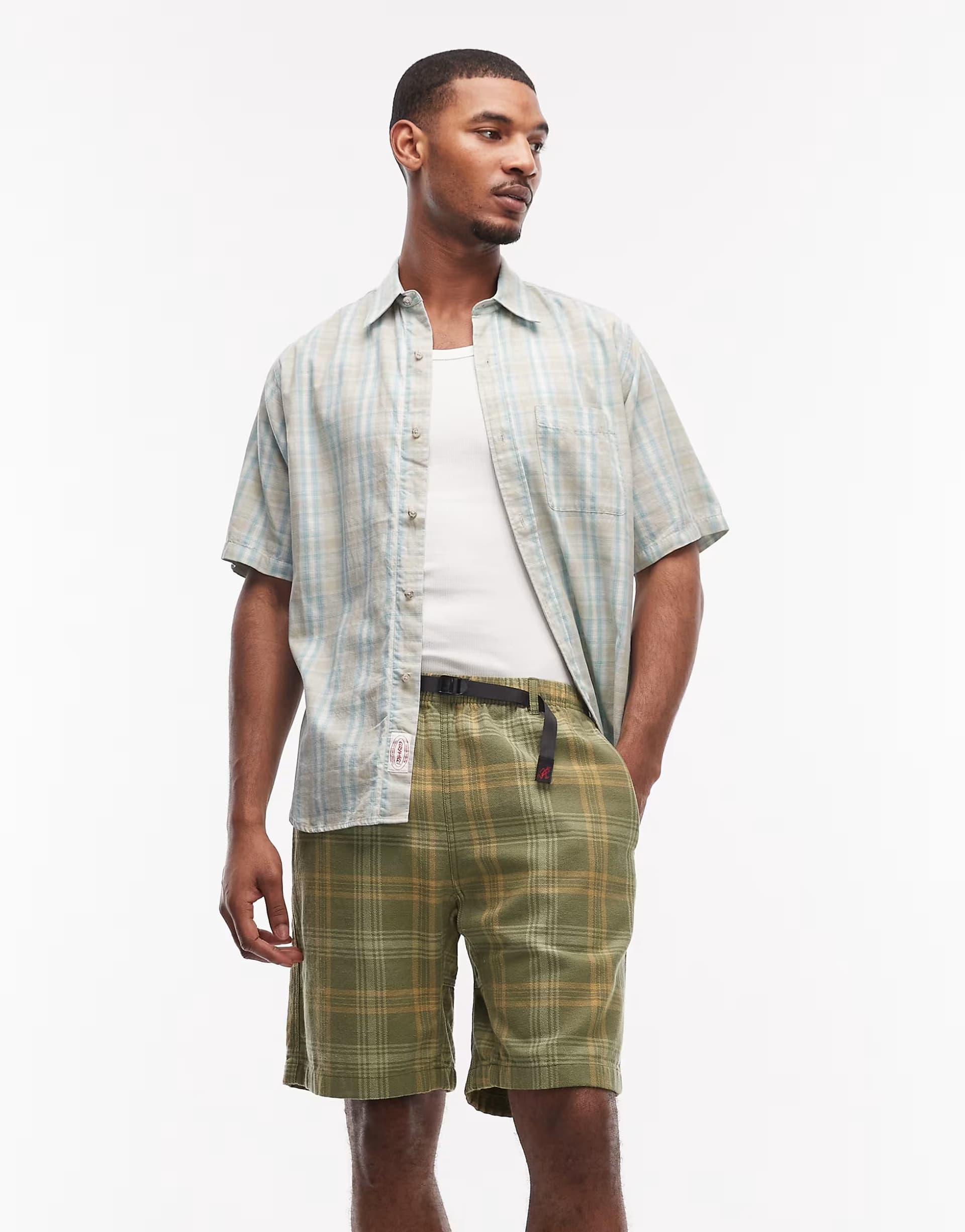ASOS Gramicci hemp plaid relaxed fit G-short in green multi