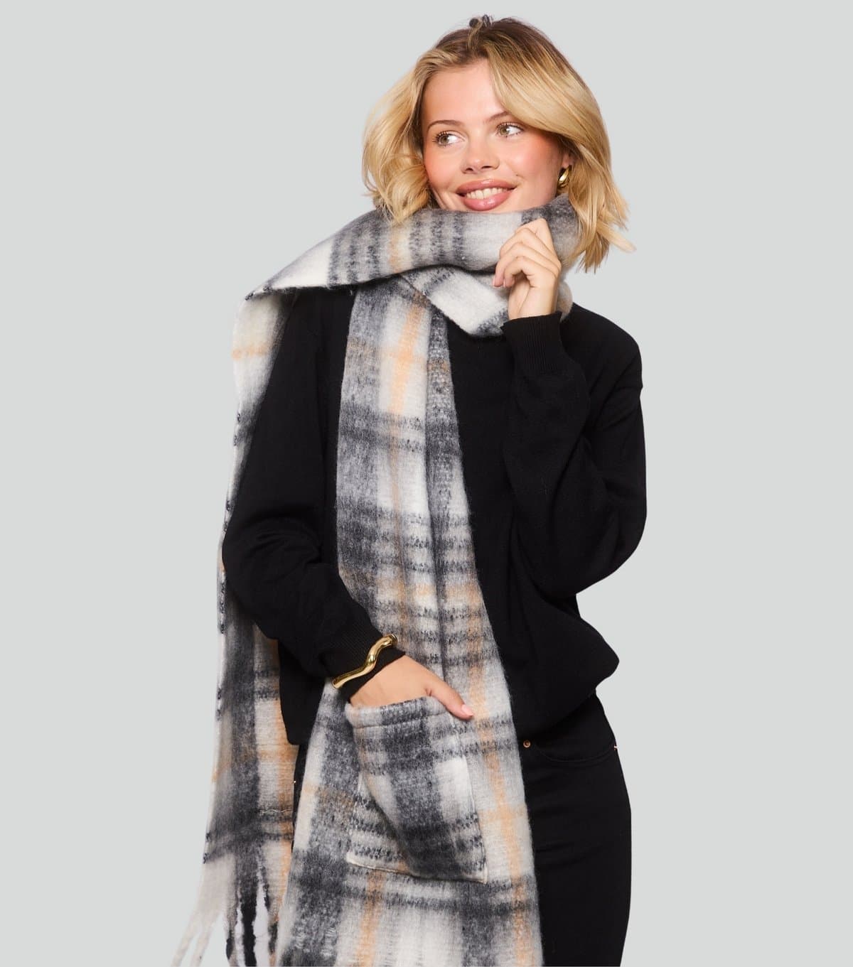 South Beach South Beach Cream Checked Pocket Scarf