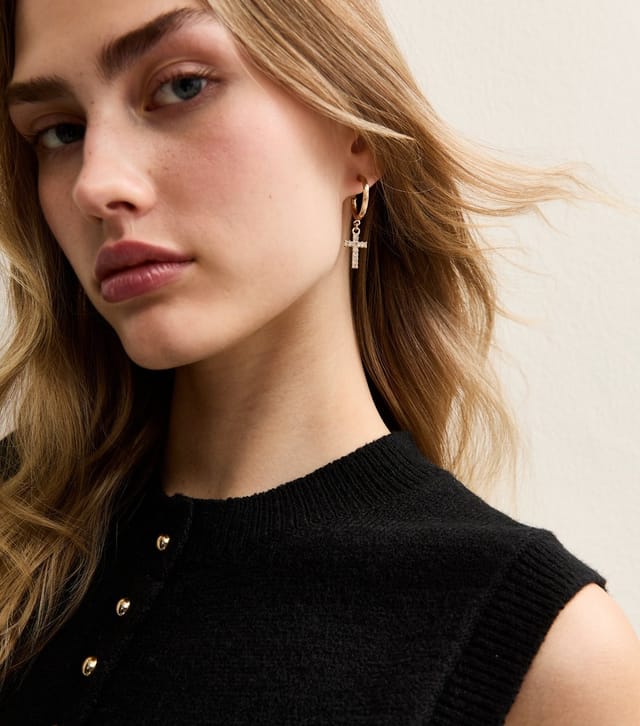New Look Gold Tone Mini Hoop Diamante Cross Drop Earrings New Look - 2