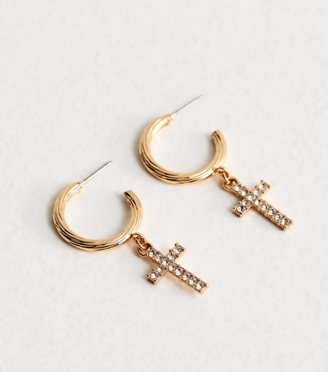New Look Gold Tone Mini Hoop Diamante Cross Drop Earrings New Look - 3