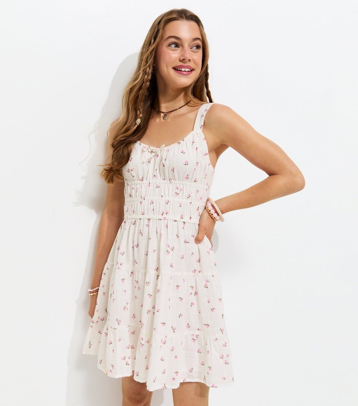 New Look Girls' White Rose Print Shirred Dress New Look