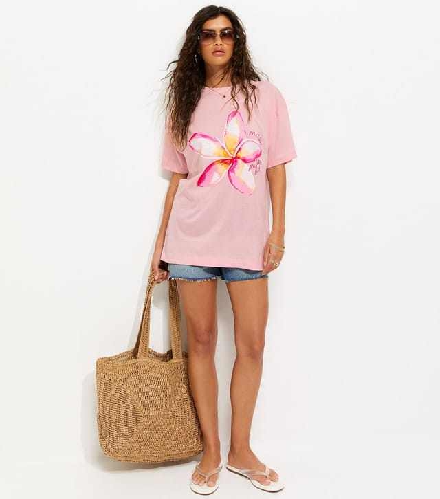 New Look Women's Light Pink Hibiscus Oversized T-Shirt New Look - 3