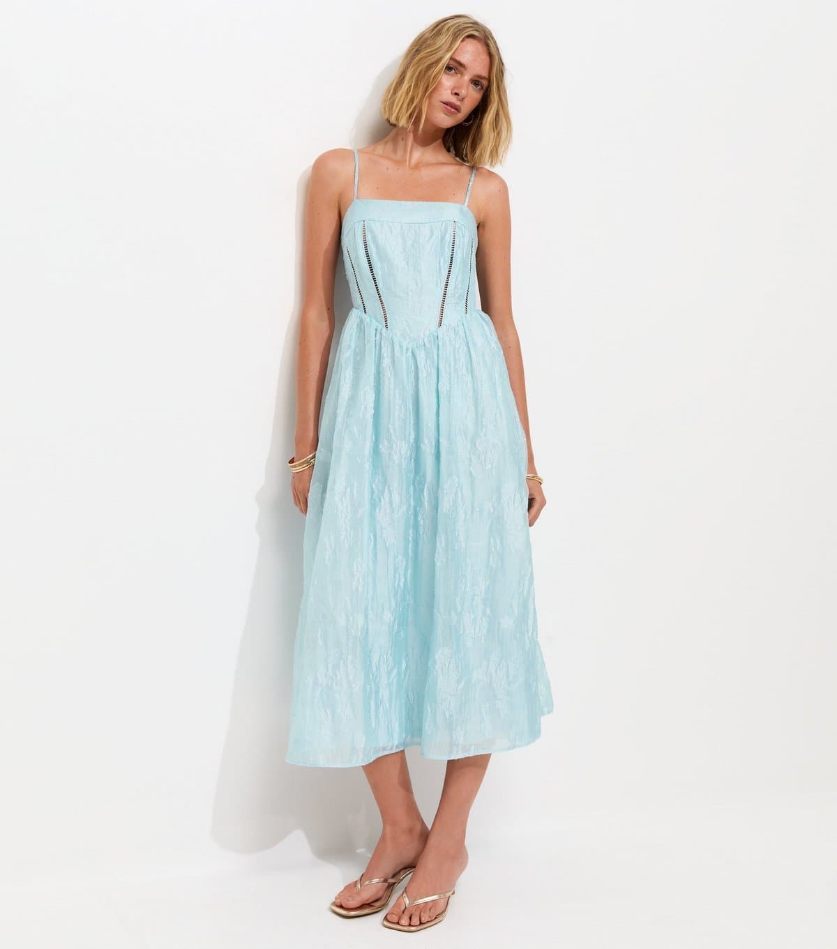 New Look Women's Light Blue Sparkly Floral Jacquard Midi Dress New Look