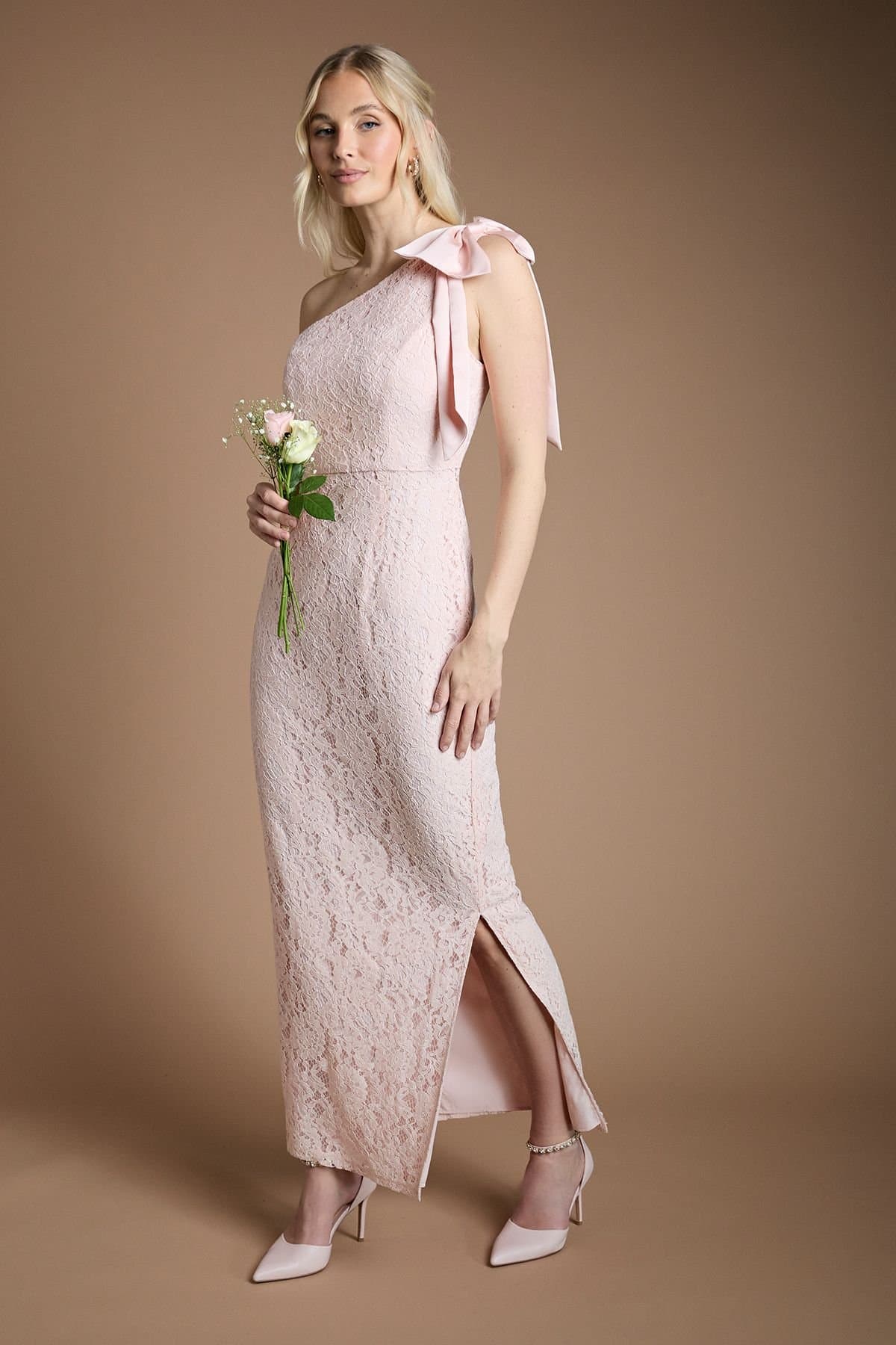Coast Coast Women's One Shoulder Bow Detail Lace Bridesmaid Dress in Blush