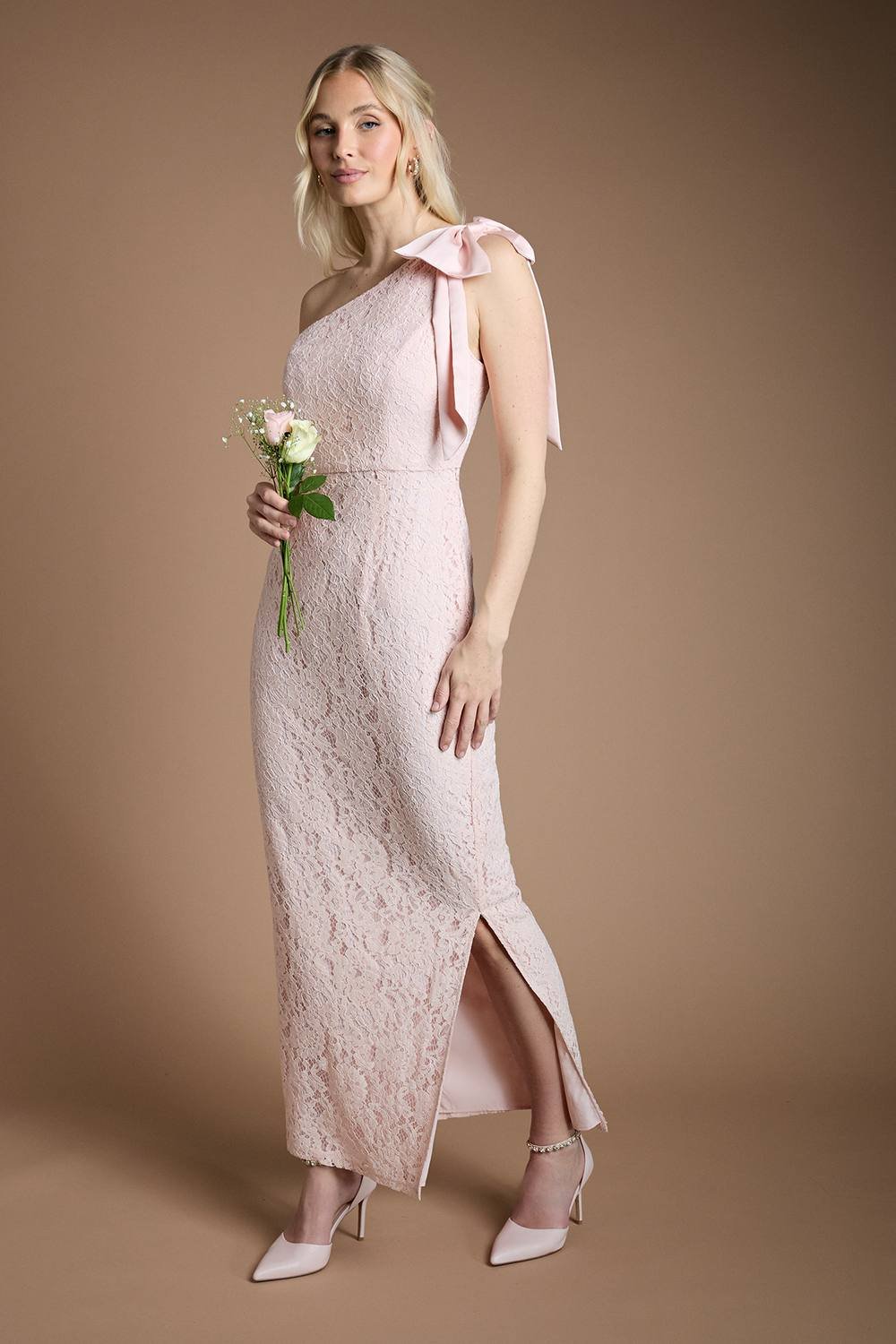 Coast Coast Women's One Shoulder Bow Detail Lace Bridesmaid Dress in Blush - 2