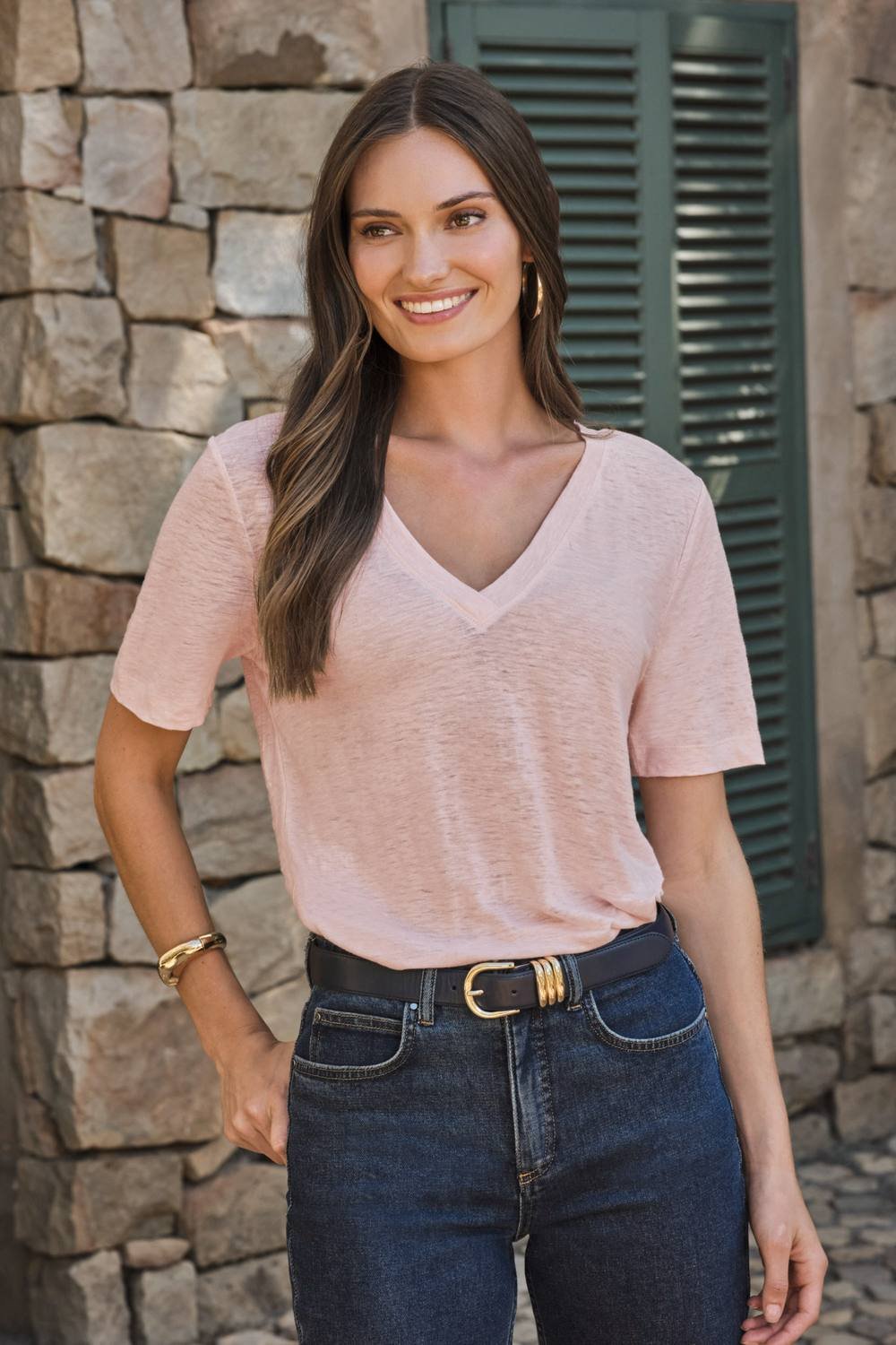 Pure Collection Pure Collection Women's Linen Short Sleeve V Neck T-Shirt in Pale Pink - 4