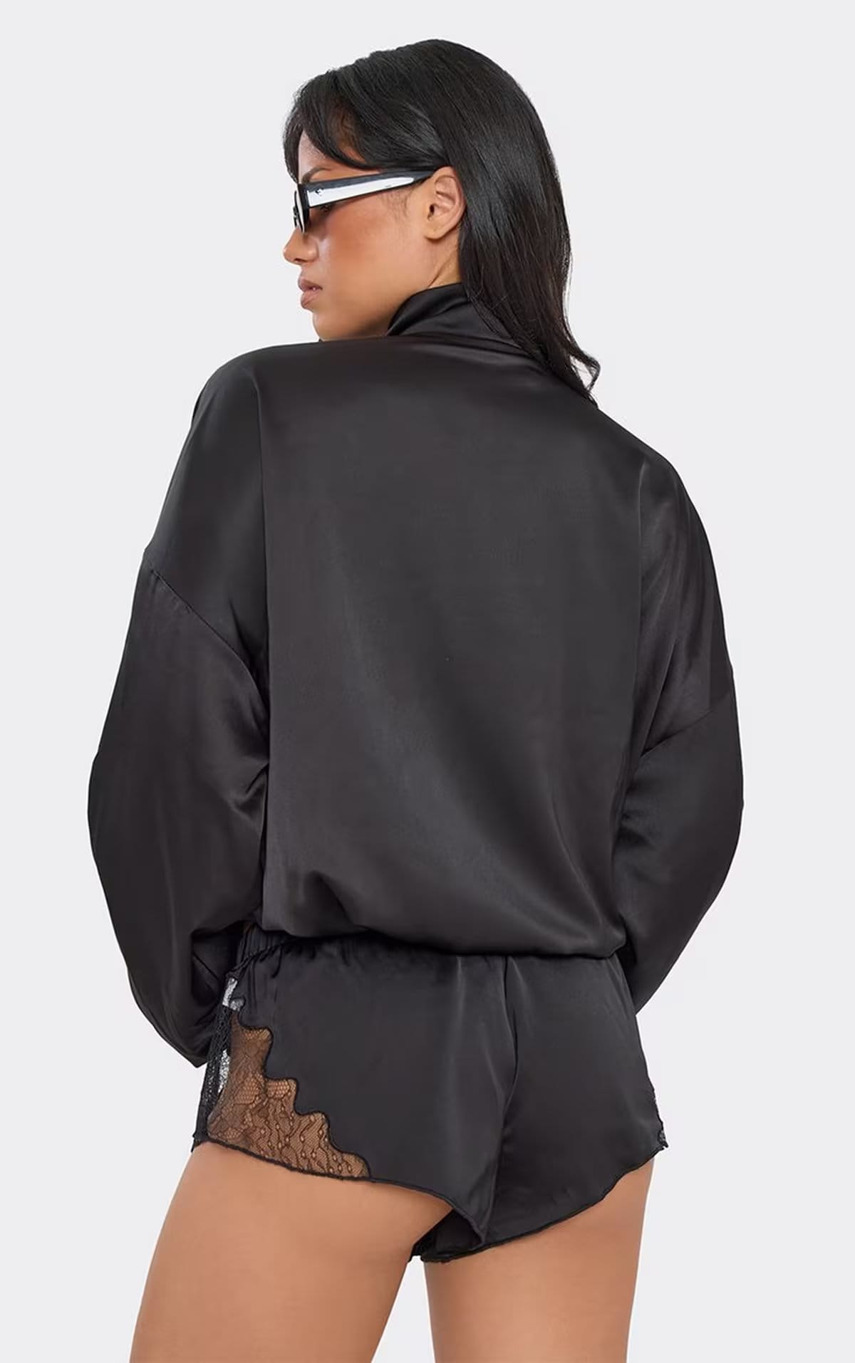 EGO Black Satin Long Sleeve High Neck Zip Up Jacket