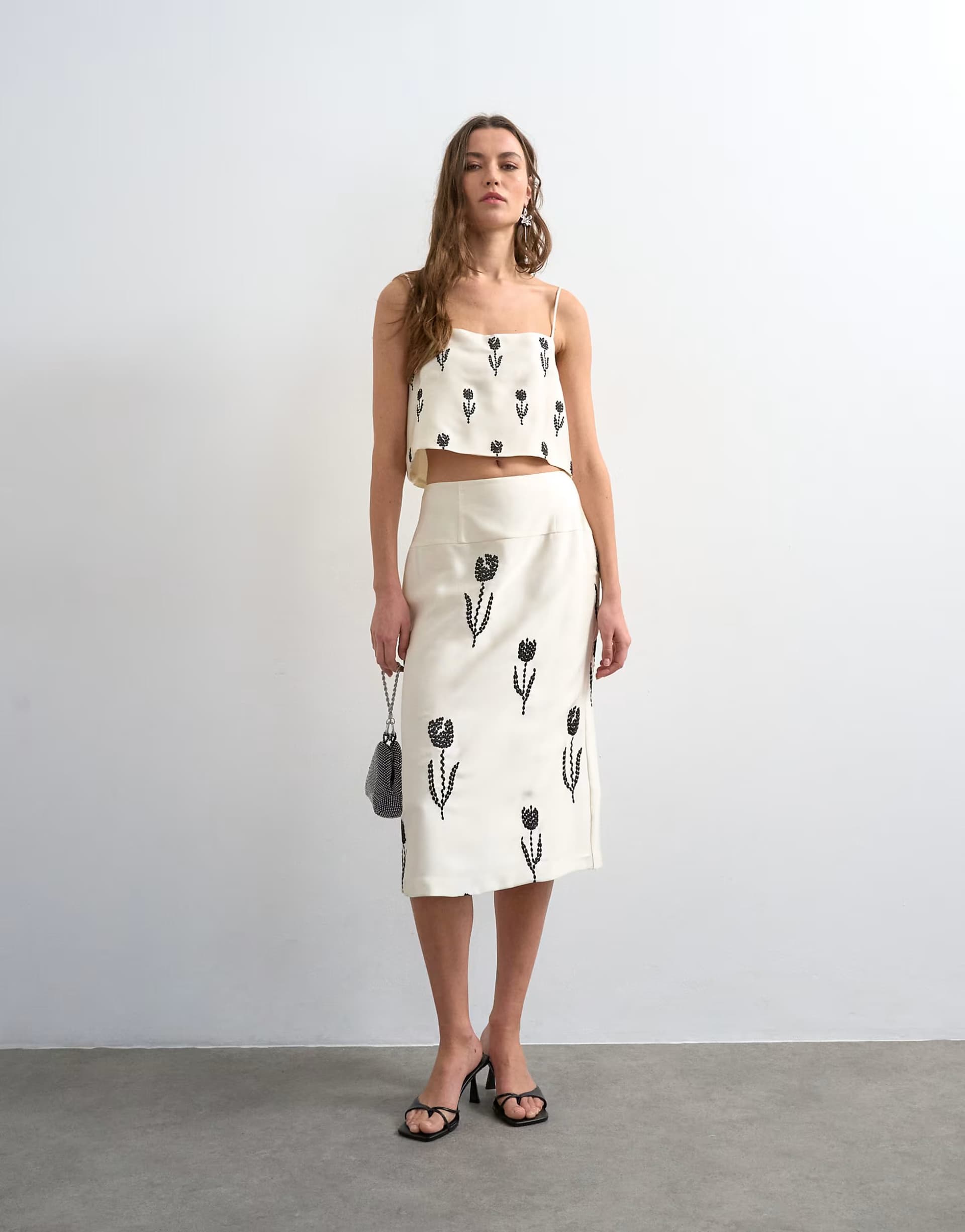 ASOS Topshop placement embroidery satin midi skirt in cream