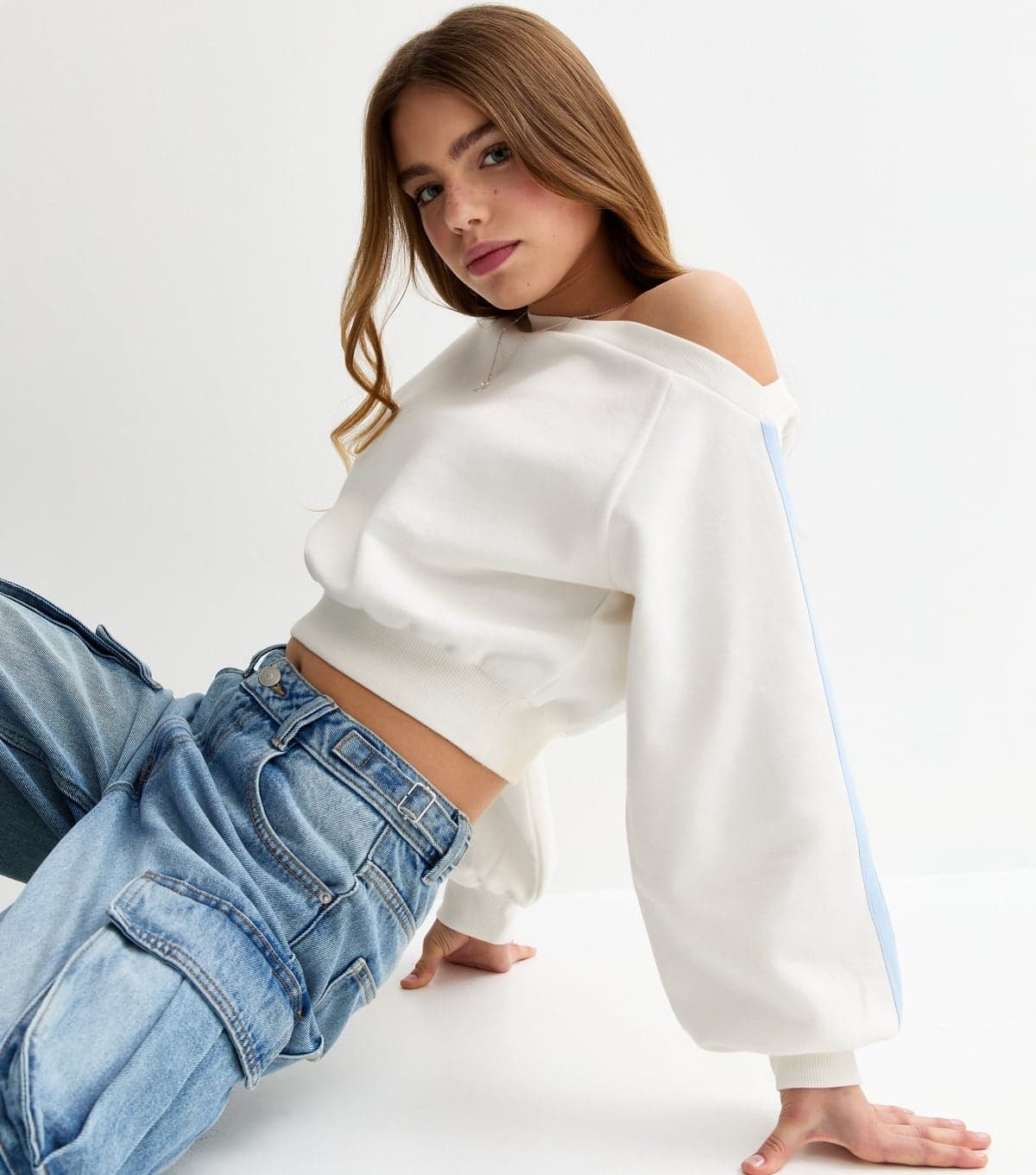 New Look Girls' Off White Off The Shoulder Side Stripe Sweatshirt New Look