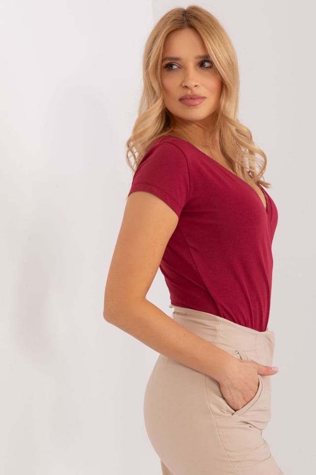 Love Lace Love Lace Women's Fitted Short Sleeve Envelope Blouse Style 191764 in Burgundy - 3