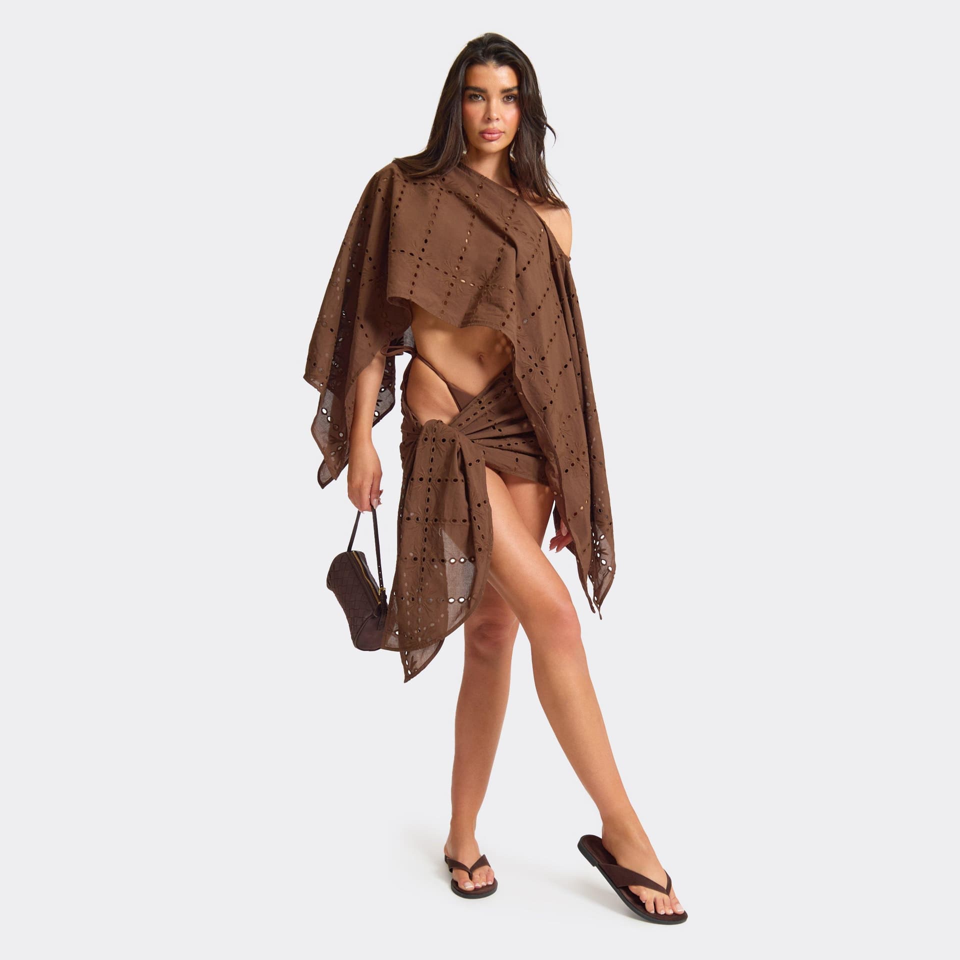 EGO Side Tie Broderie Mini Skirt In Brown, Women's Size UK L