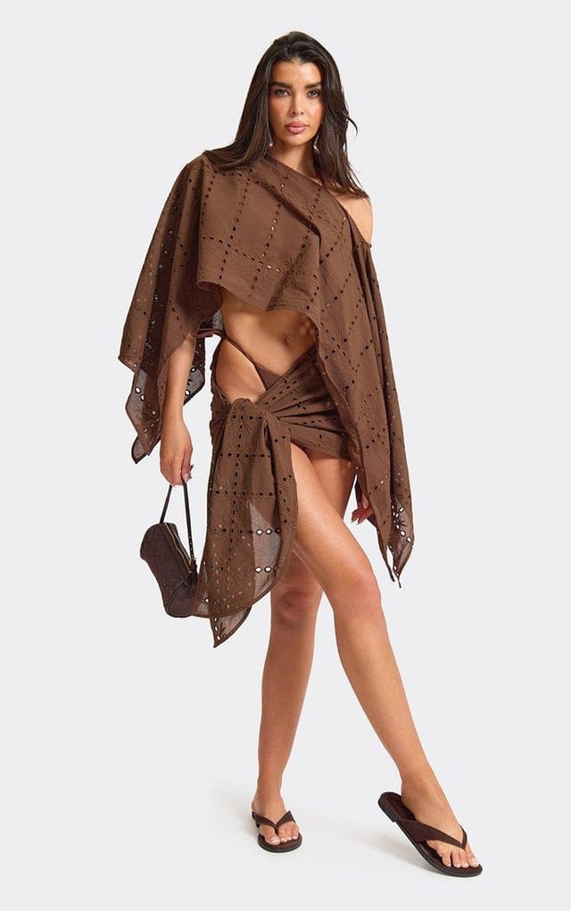 EGO Side Tie Broderie Mini Skirt In Brown, Women's Size UK L - 2