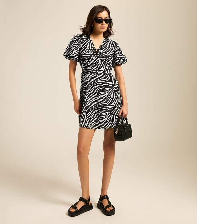 New Look Women's Black Zebra Print Tie Neck Mini Dress New Look - 3