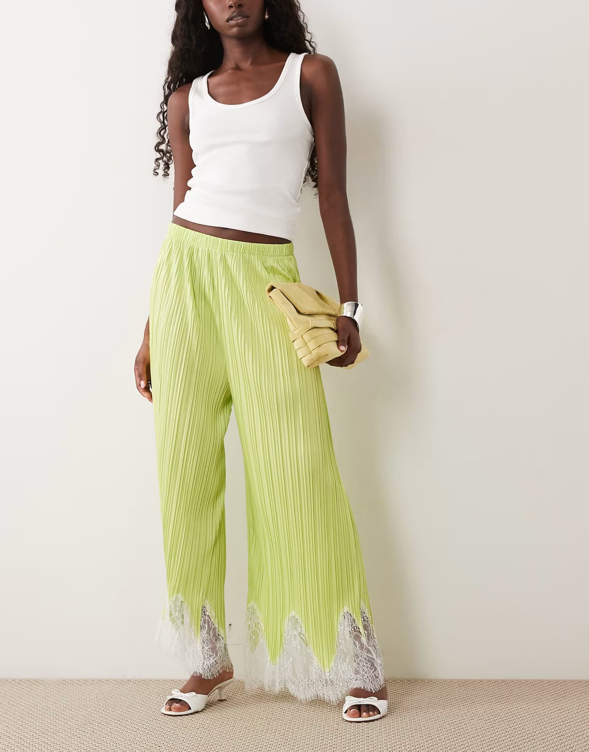 ASOS ASOS DESIGN mix & match plisse straight leg trousers in green with white lace trim