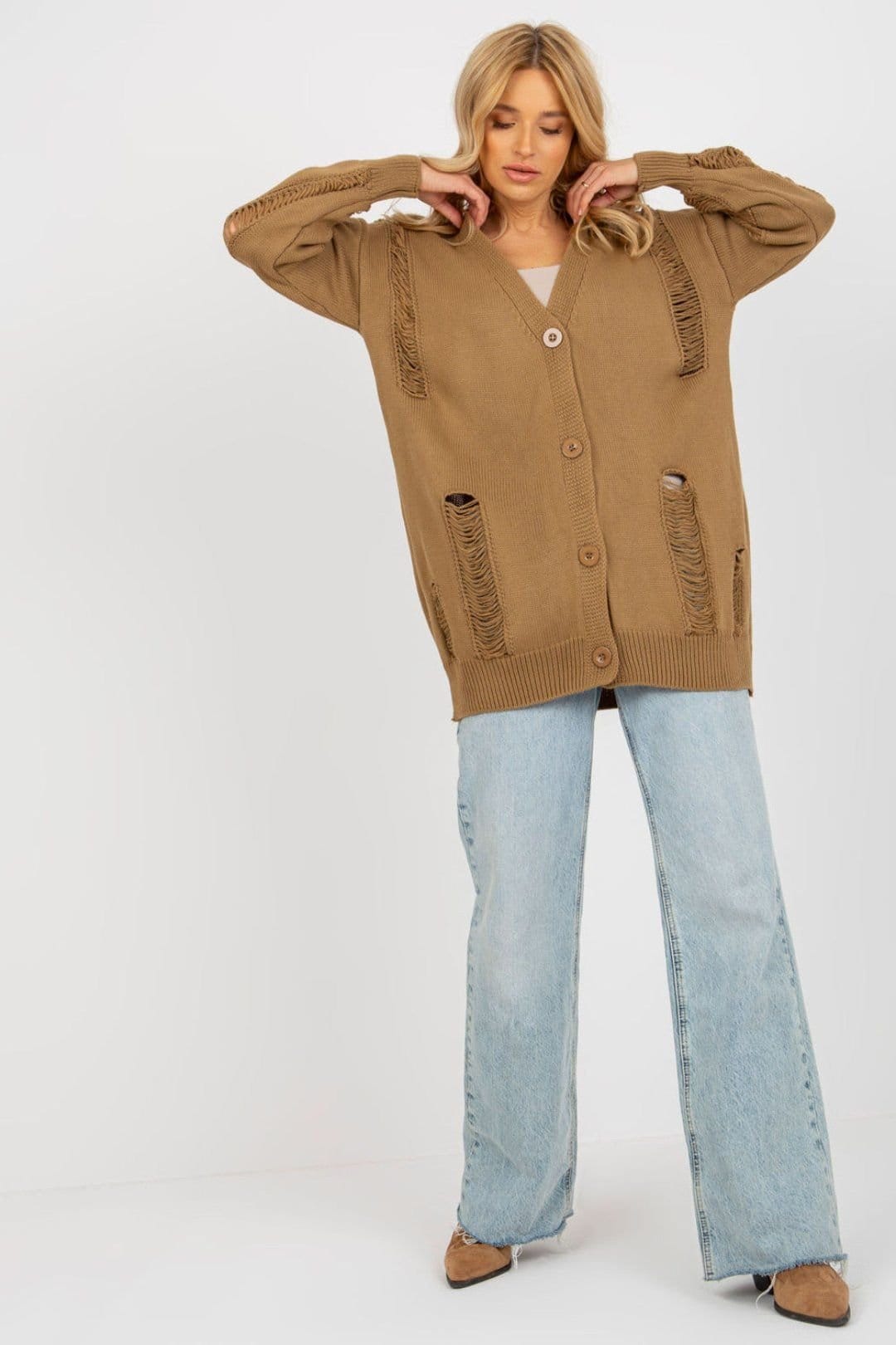 Love Lace Brown Heart Neck Button Down Cardigan Sweater